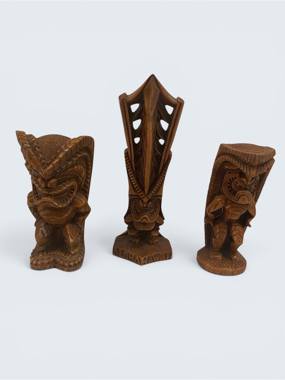 Vintage Coco Joe’s Hawaiian Tiki Hapa Wood Figures Set of 3 - Lono Money God Ku